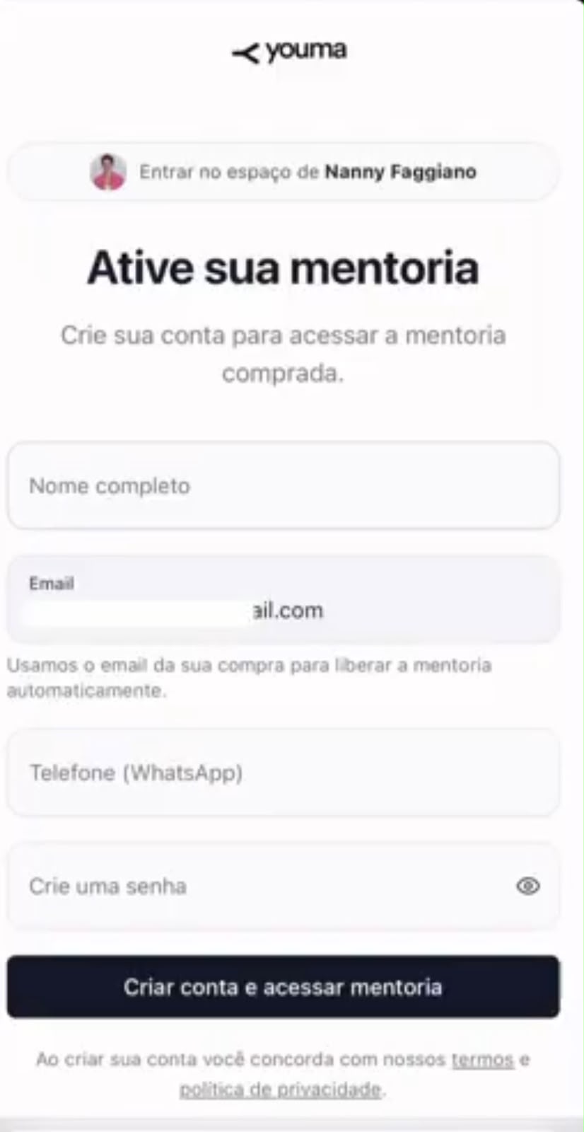 Tela para criar sua conta e ativar o acesso no App da Nanny Faggiano