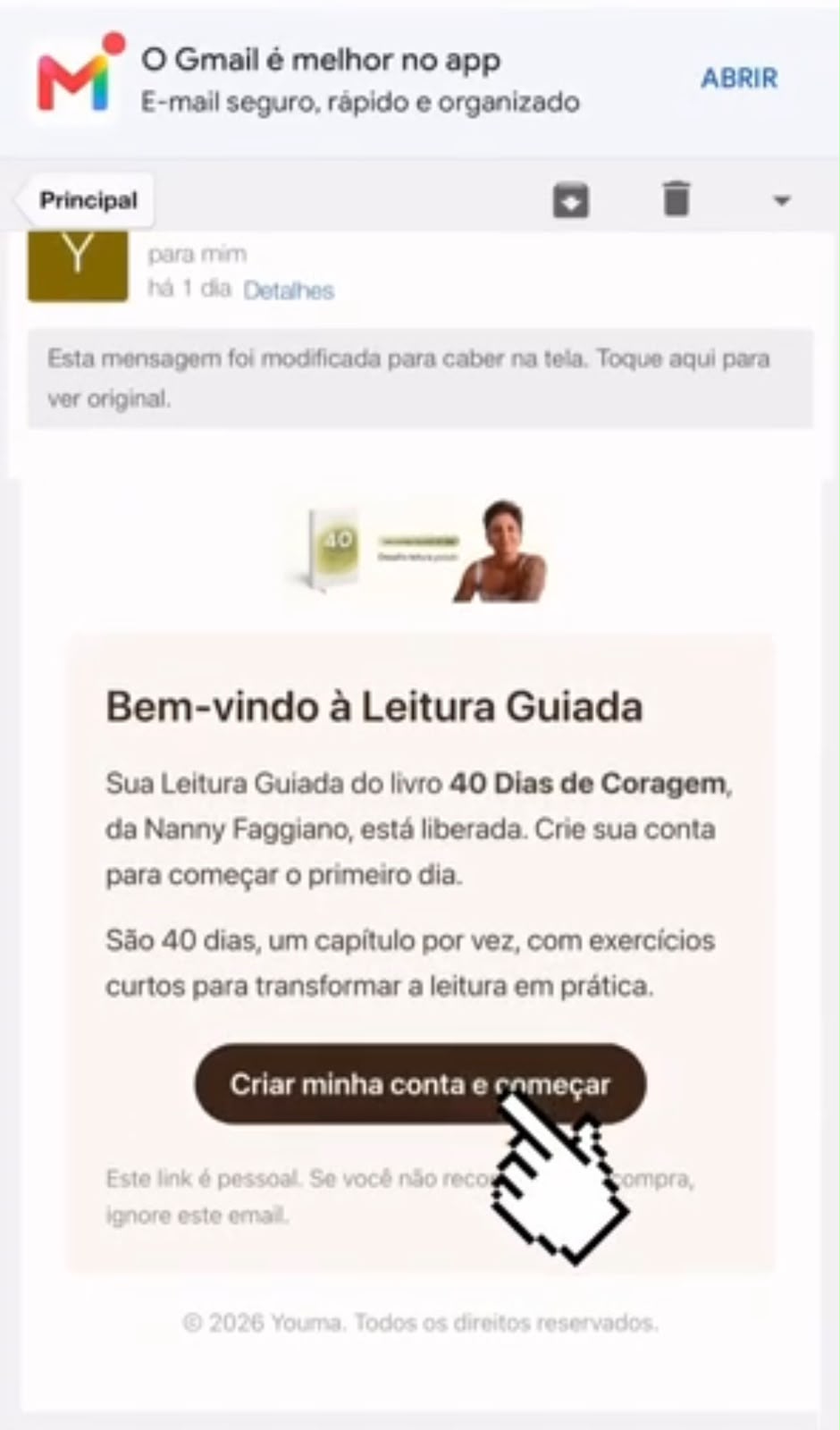 E-mail de boas-vindas à Leitura Guiada, com o botão Criar minha conta e começar